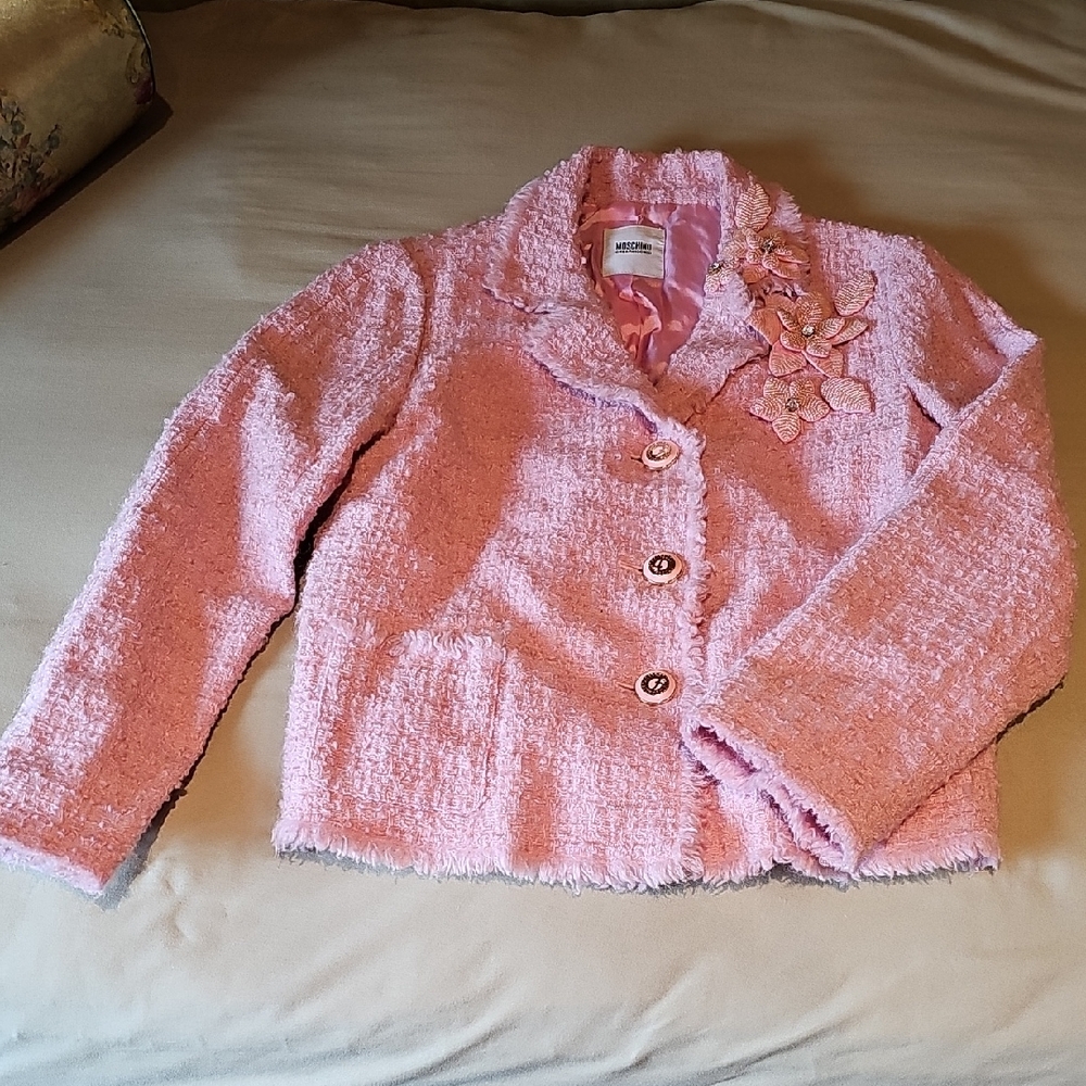 Moschino Pink Textured Button-Up Jacket with Floral Appliqué